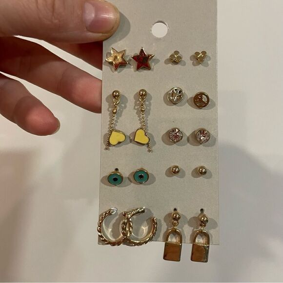 Set of 10 Pair of Earrings New Stars Heart Locker Drop Earrings - Picture 1 of 8